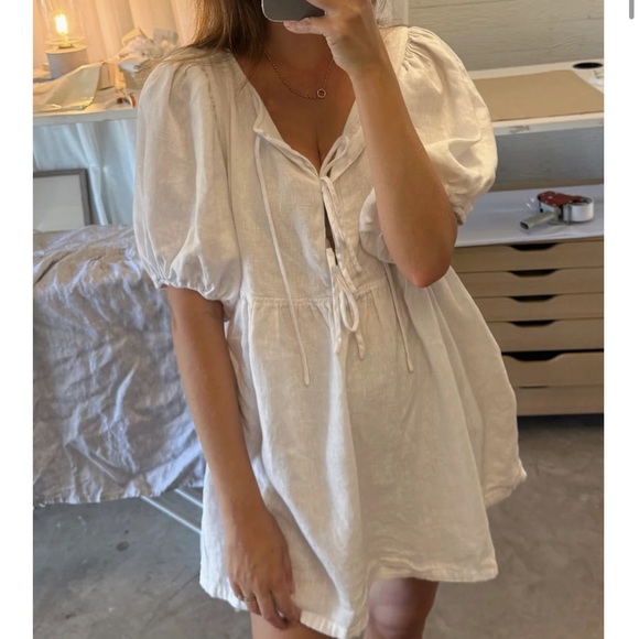 Marlow & Mae Markets Tie Puff Sleeve Linen Babydoll Mini Dress AU XXS US 0-2 NEW - Picture 6 of 10